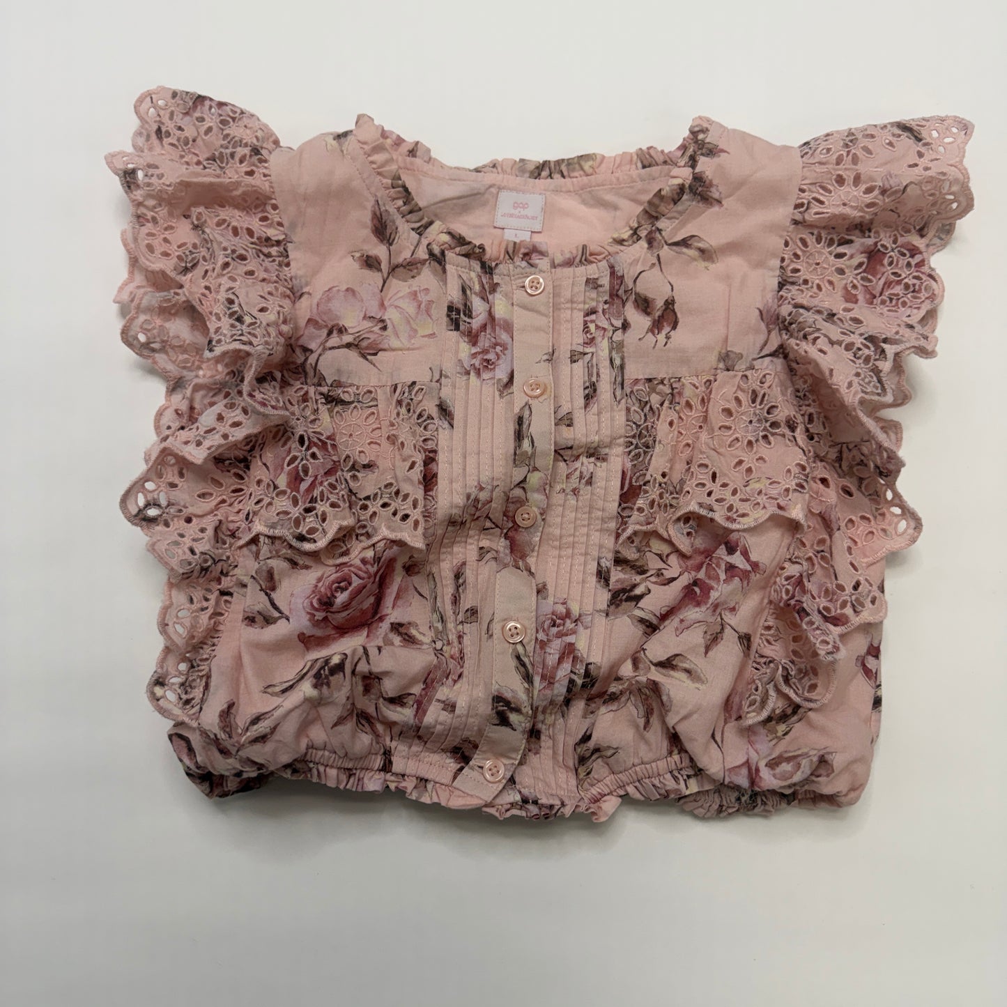GAP x LoveShackFancy Girls Pink Floral Eyelet Ruffle Cotton Blouse - Size L