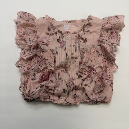 GAP x LoveShackFancy Girls Pink Floral Eyelet Ruffle Cotton Blouse - Size L