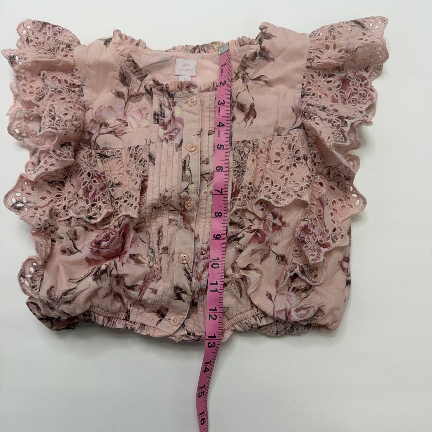 GAP x LoveShackFancy Girls Pink Floral Eyelet Ruffle Cotton Blouse - Size L