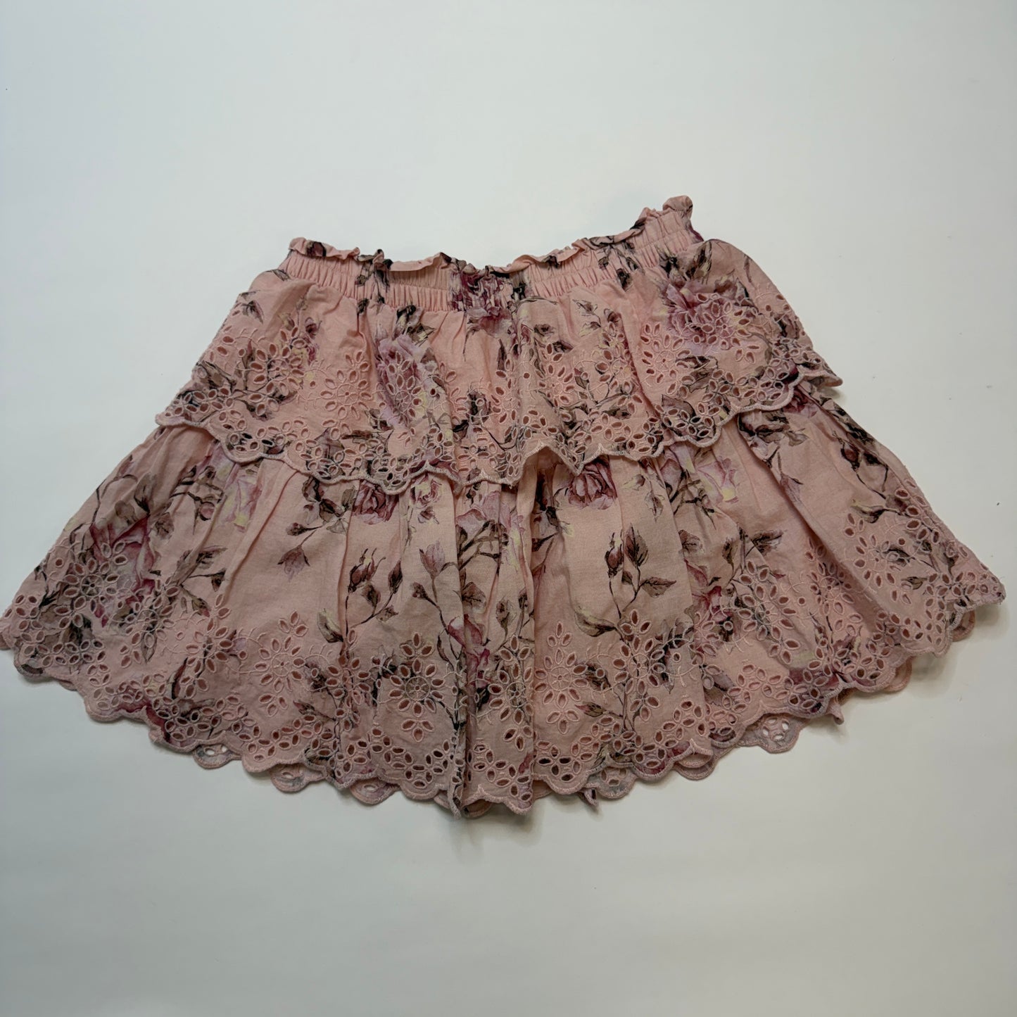 GAP x LoveShackFancy Girls Tiered Cotton Skirt, Size L 10-11, Pink Floral Eyelet Ruffle