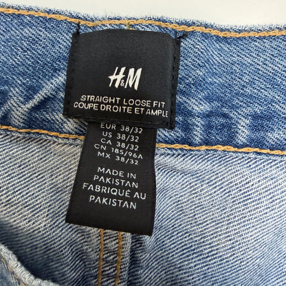 H&M Mens Jeans 38x32 Medium Wash Blue Denim Straight Loose Fit Baggy