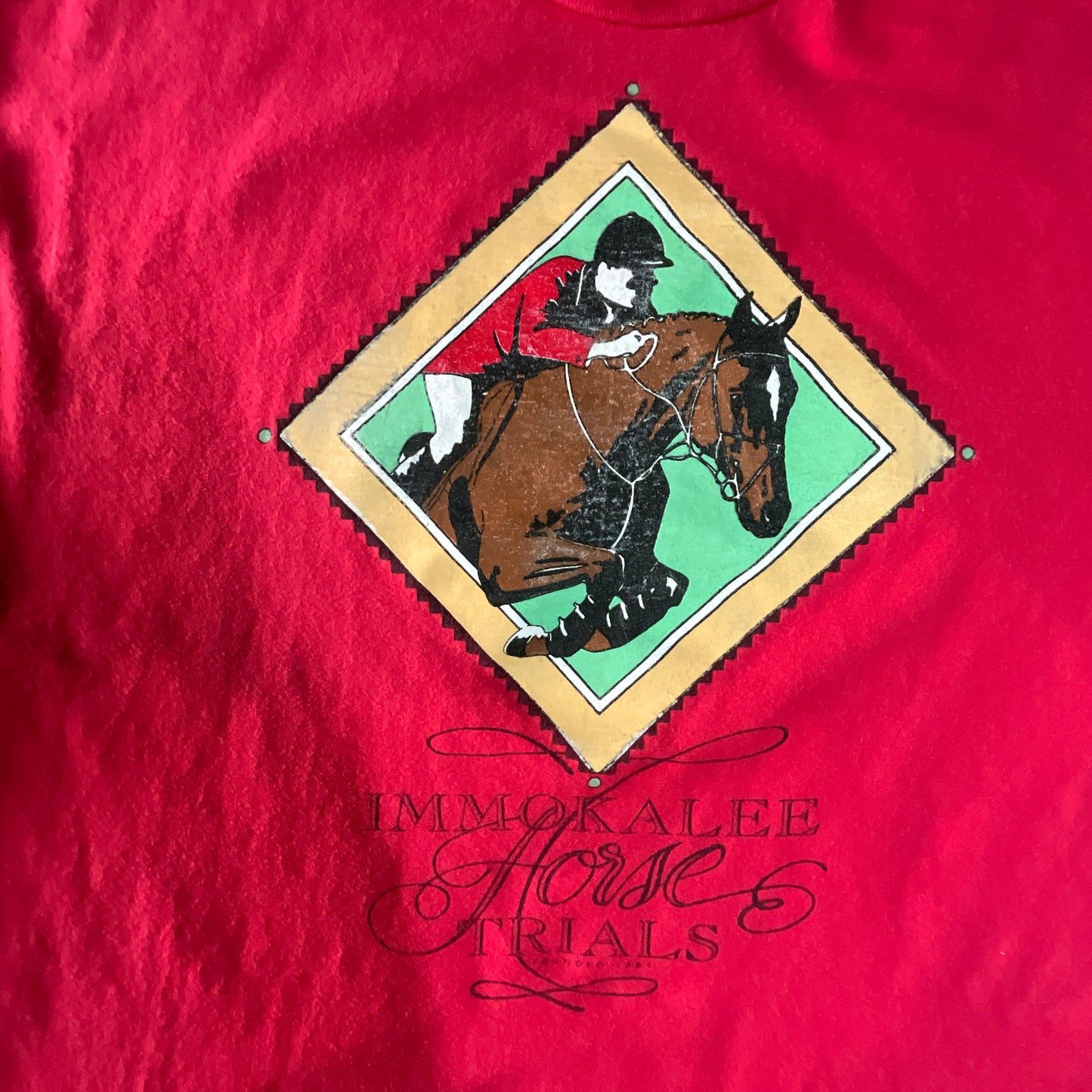 Vintage 90's Single Stitch Equestrian Horse Trial Jockey Single Stitch T Shirt Red Large