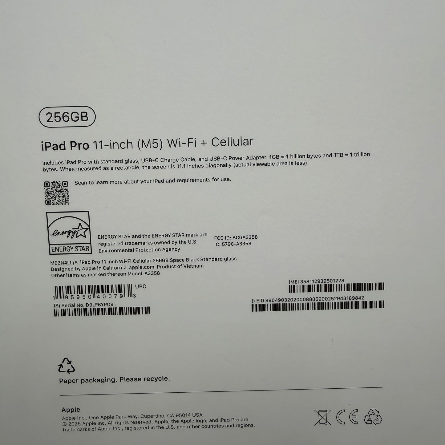 Apple iPad Pro 11" (M5) Wi‑Fi + Cellular 256GB Space Gray A3358 New