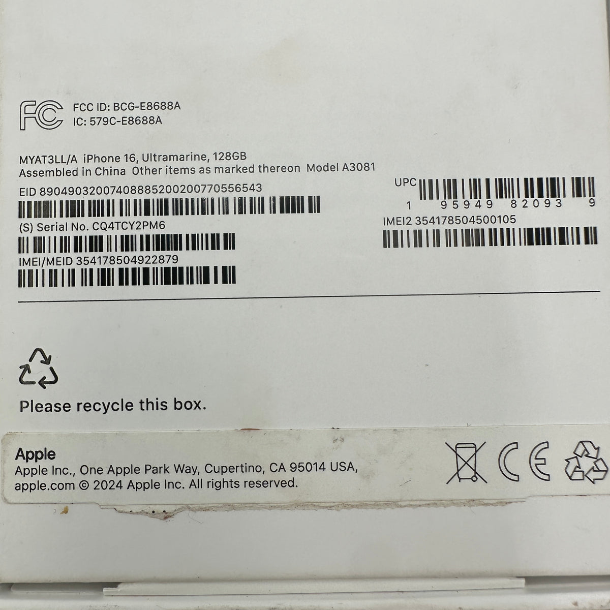 Apple iPhone 16 128GB Black Unlocked READ