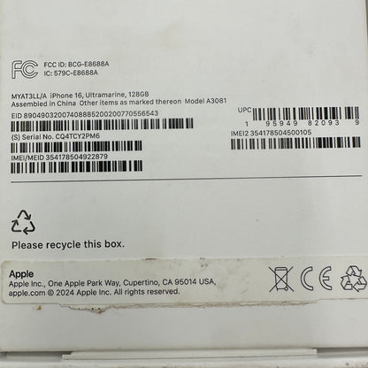 Apple iPhone 16 128GB Black Unlocked READ