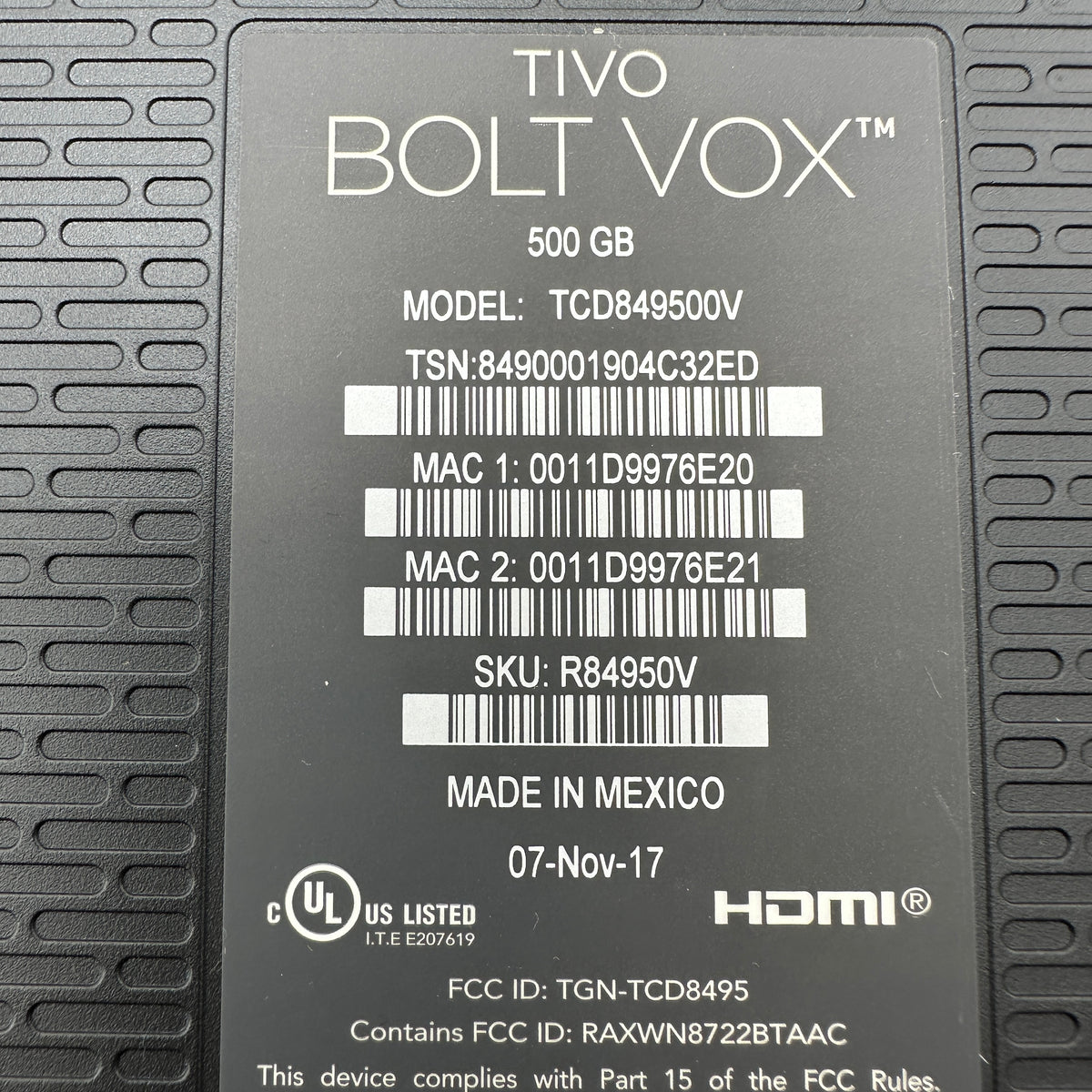 TiVo Bolt Vox TCD849500V 500GB Lifetime Service
