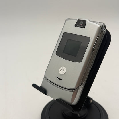 Motorola Razr V3 Silver Flip Phone with Bluetooth Earpiece & Accessories