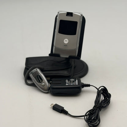 Motorola Razr V3 Silver Flip Phone with Bluetooth Earpiece & Accessories