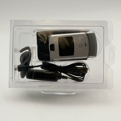 Motorola Razr V3 Silver Flip Phone with Bluetooth Earpiece & Accessories