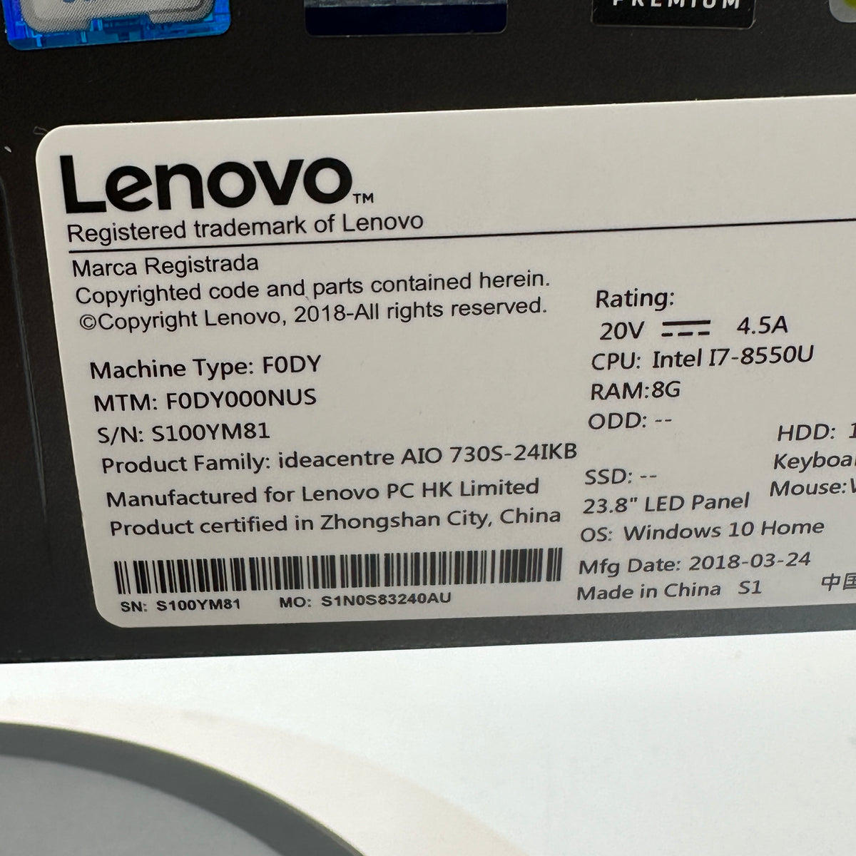 Lenovo AIO 730S-24IkB All-in-One Desktop Computer i7-8550U 8GB RAM 1TB READ