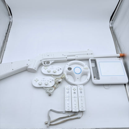 Nintendo Wii Controller Lot with Gun, Wheel, Two Gamepads, Three Controllers, Drawing Pad