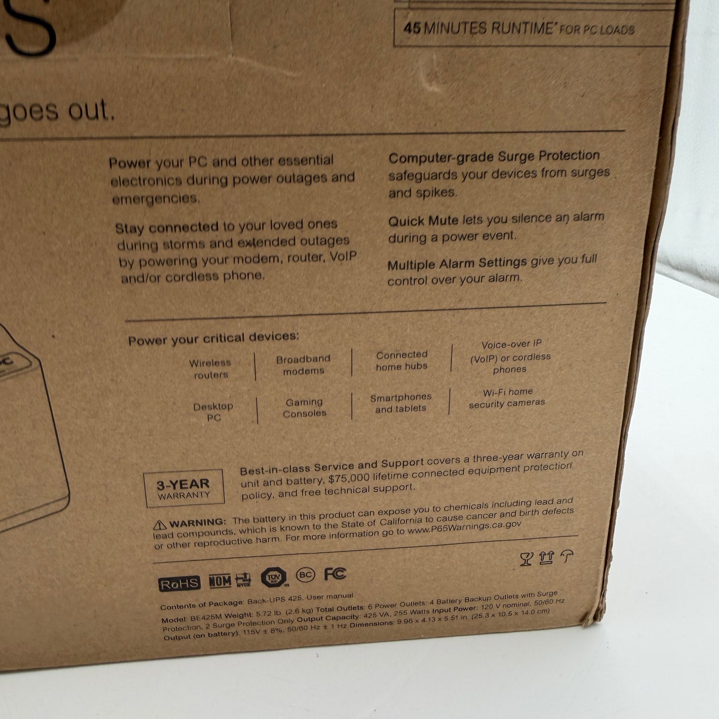 APC Back-UPS 425 VA/255 WATTS Battery Backup - BE425M New In Box