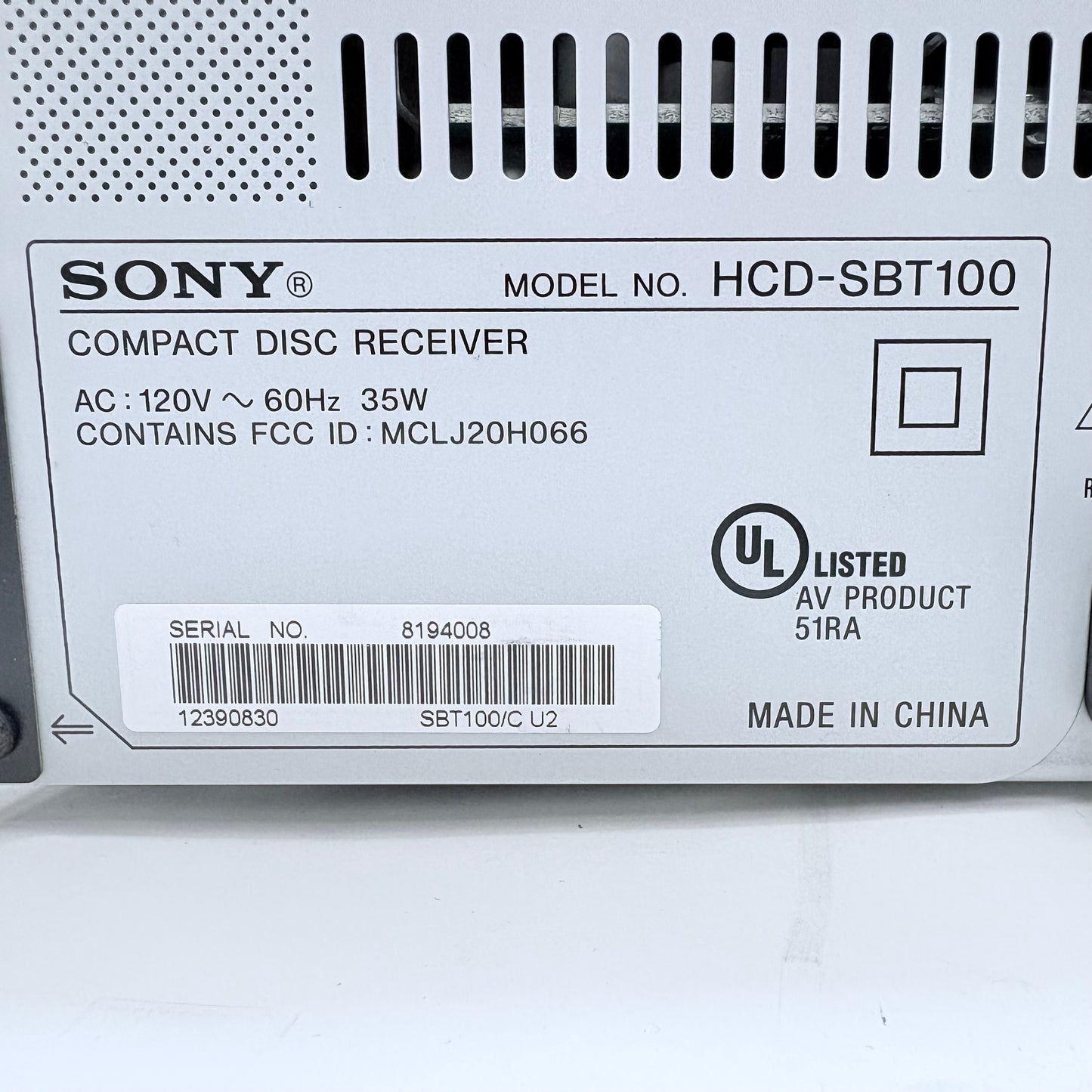 Sony HCD-SBT100 Home Audio Receiver No Remote