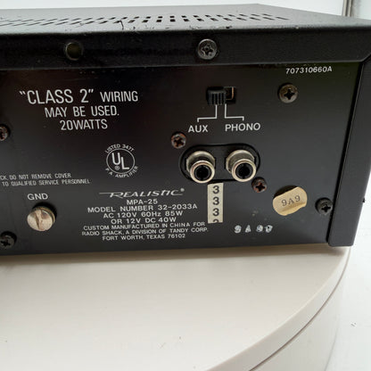 Realistic MPA-25 20 Watt P.A. Amplifier Untested
