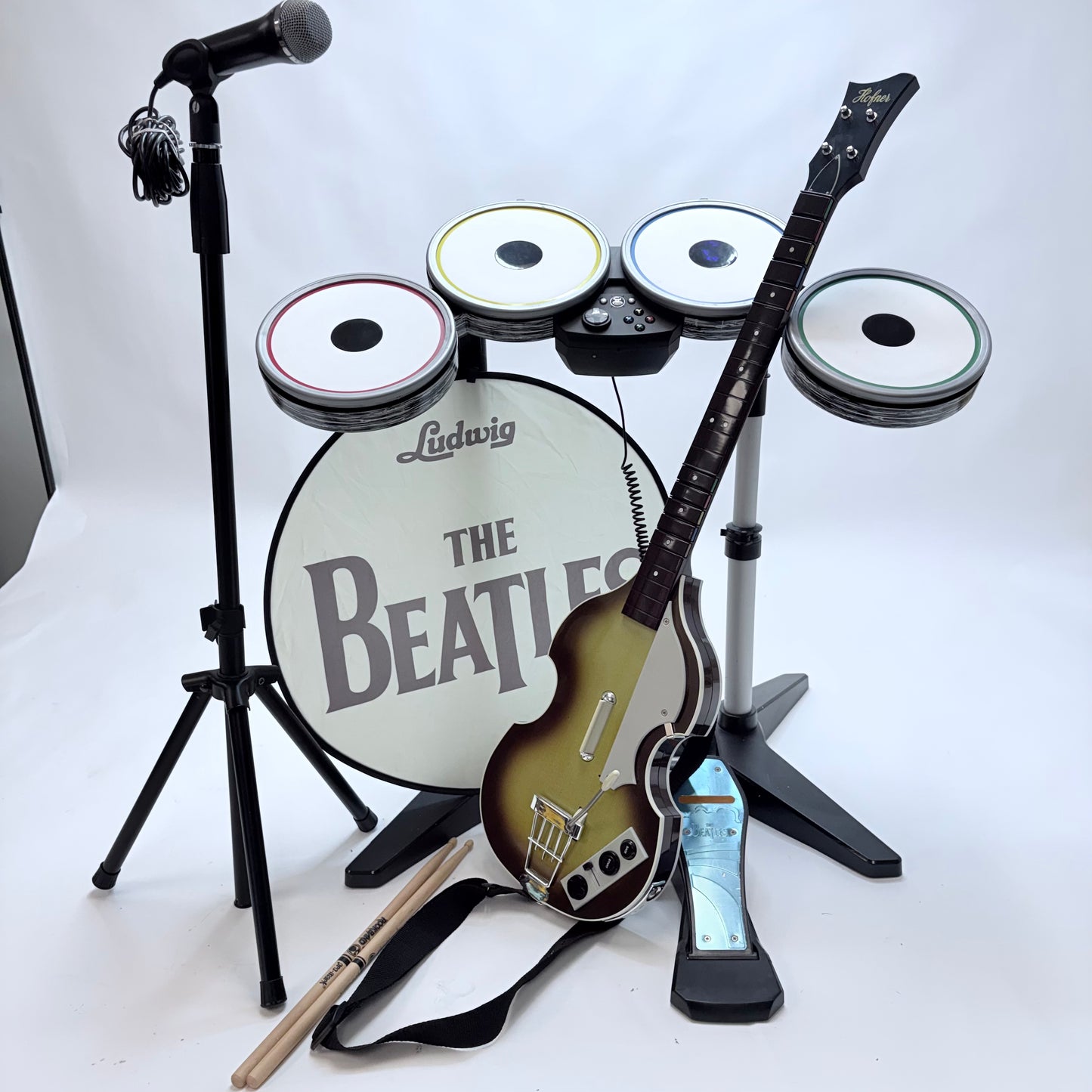 Microsoft Xbox 360 Beatles Rock Band Drum Set Wireless Bundle with Guitar & Game