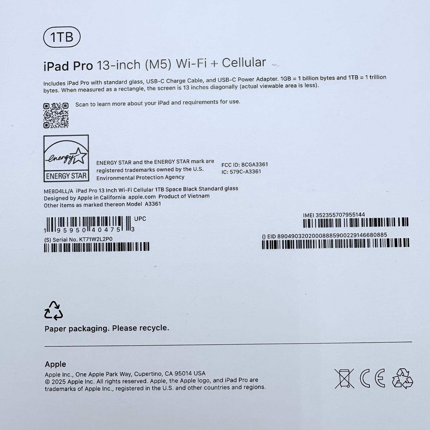 New Apple iPad Pro 13" M5 A3361 (2025) 1TB WiFi Cellular Unlocked
