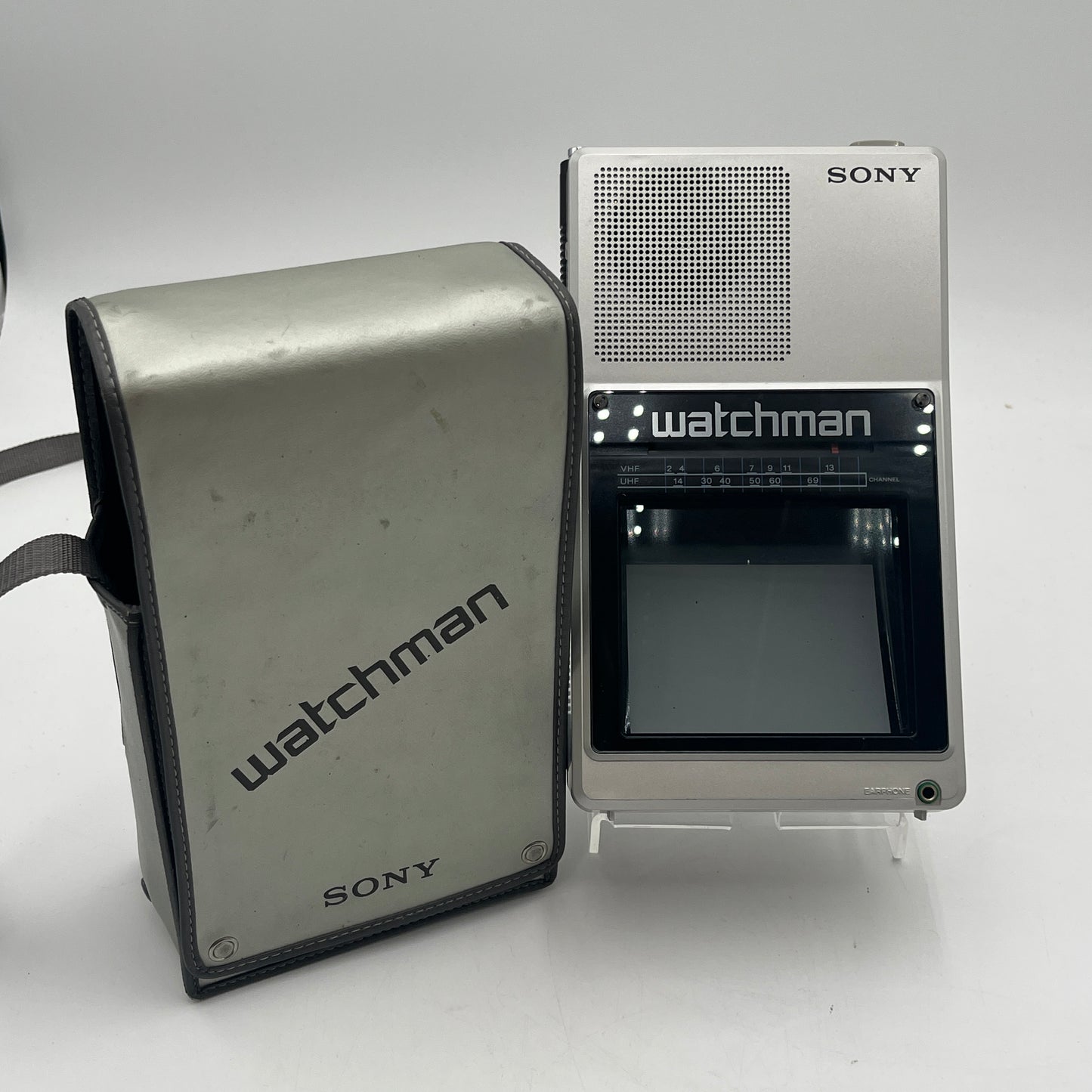 Vintage 1980's Sony Watchman UHF VHF Flat Black White TV Tested