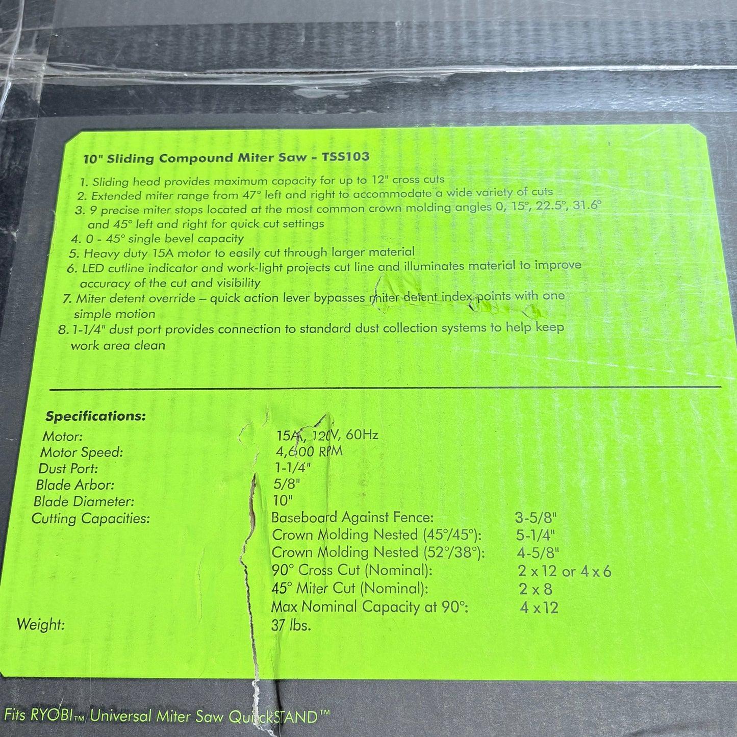 Ryobi 10" Sliding Compound Miter Saw With Box