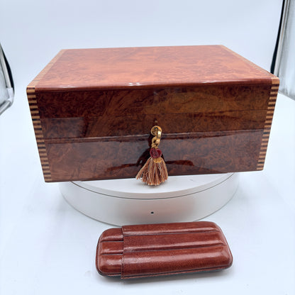 Vintage 90's-2000s Elie Bleu Burl Wood 75 Cigar Humidor w/ Key & Cigar Case