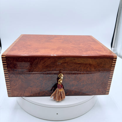 Vintage 90's-2000s Elie Bleu Burl Wood 75 Cigar Humidor w/ Key & Cigar Case