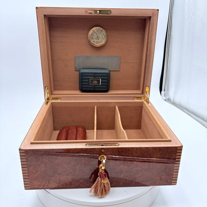 Vintage 90's-2000s Elie Bleu Burl Wood 75 Cigar Humidor w/ Key & Cigar Case