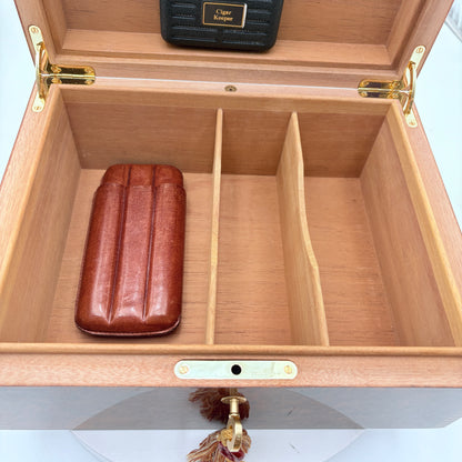 Vintage 90's-2000s Elie Bleu Burl Wood 75 Cigar Humidor w/ Key & Cigar Case