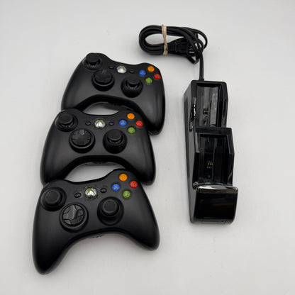 Microsoft Xbox 360 Black Wireless Controller Lot of 3 with Charging Dock UNTESTED