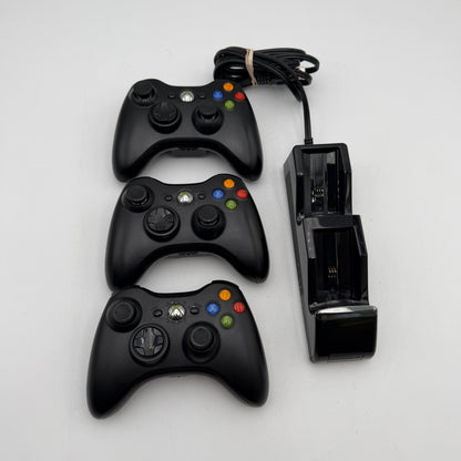 Microsoft Xbox 360 Black Wireless Controller Lot of 3 with Charging Dock UNTESTED