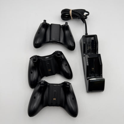 Microsoft Xbox 360 Black Wireless Controller Lot of 3 with Charging Dock UNTESTED