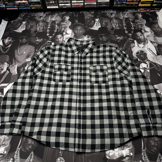 Monster Energy Shirt Jacket Adult 2XL Gray Black Plaid Check Button Up Mens XXL