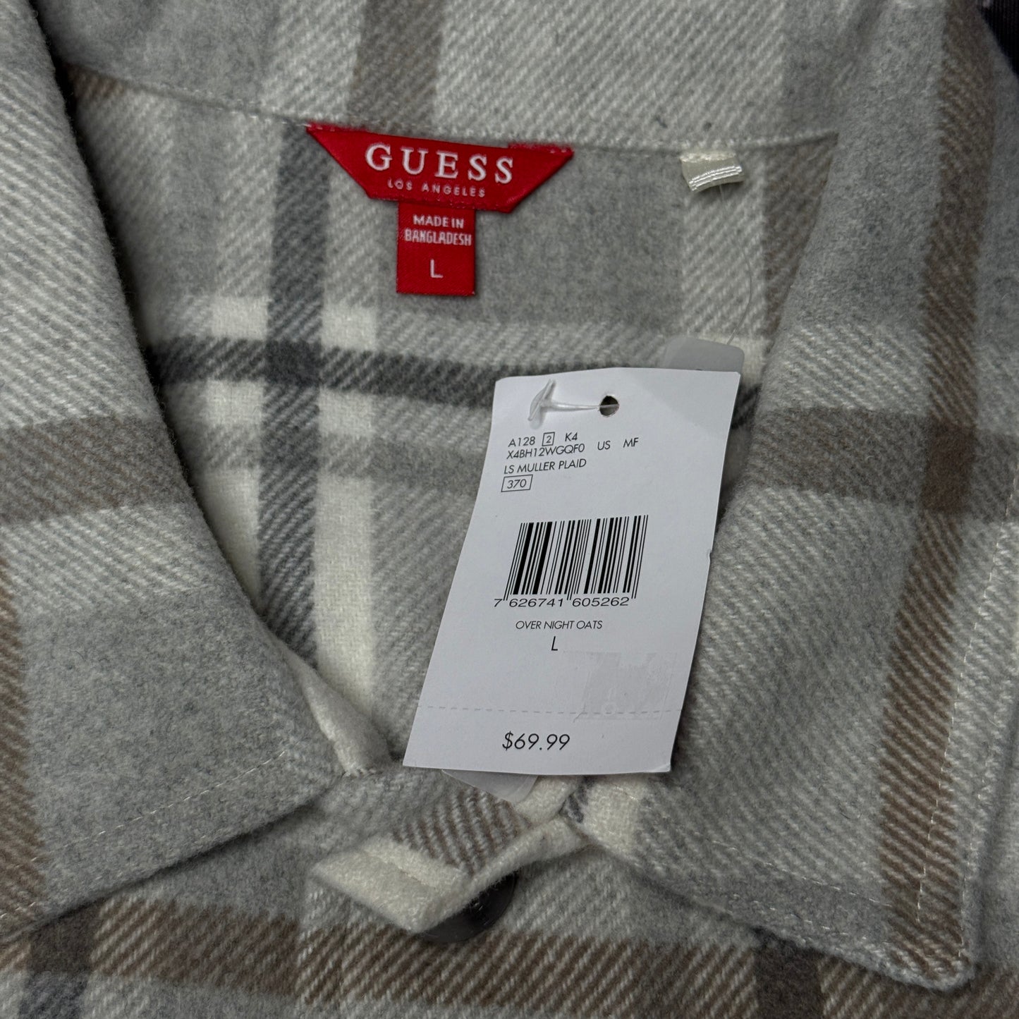 NWT GUESS Heavyweight Long Sleeve Button Up Muller Plaid sz L Overnight Oats