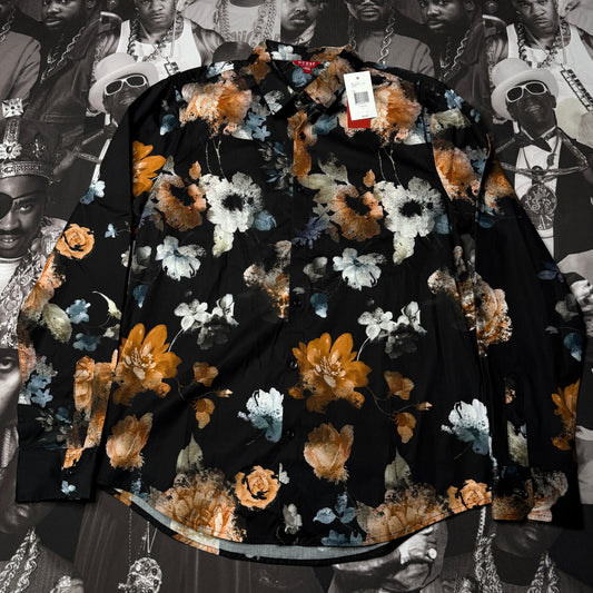 NWT GUESS Long Sleeve Floral Button Up Ruth Jet Black