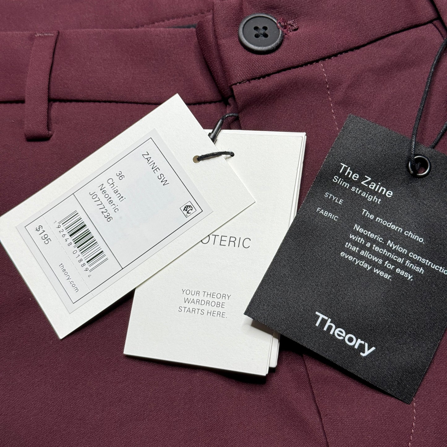 NWT THEORY Mens Zaine Neoteric Chino Pants Malbec Burgundy size 36