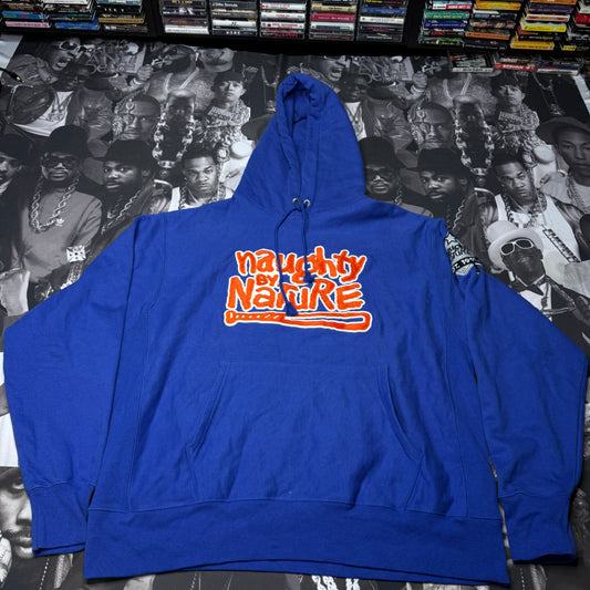 Naughty By Nature x Champion Embroidered Patch Hoodie Blue sz XL