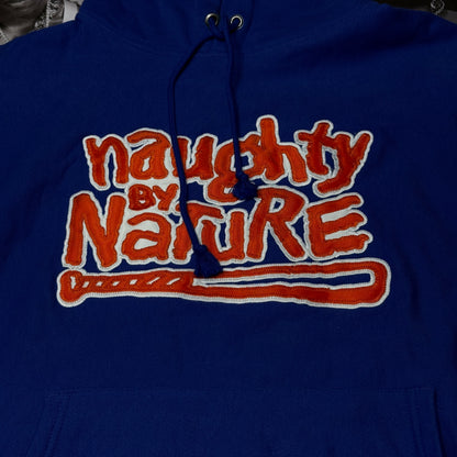 Naughty By Nature x Champion Embroidered Patch Hoodie Blue sz XL