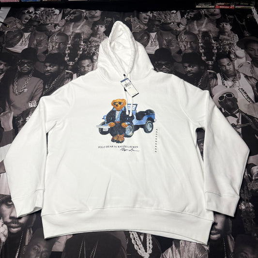 NWT Polo Ralph Lauren White Polo Aviator Jeep Bear Fleece Hoodie Sweatshirt XL