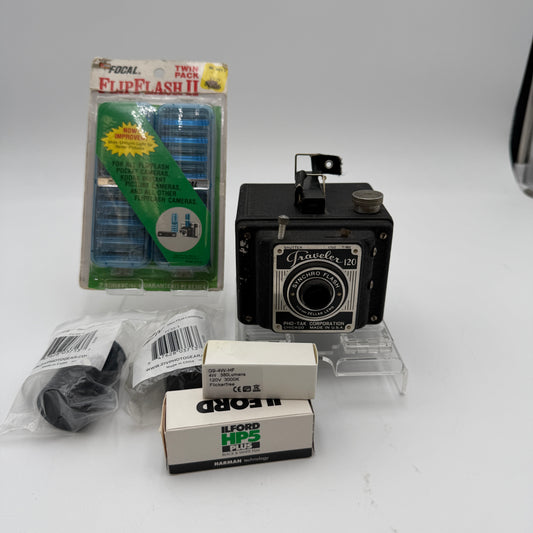 Pho-Tak Vintage Traveler 120 Roll Film Metal Box Camera Plus Extras!