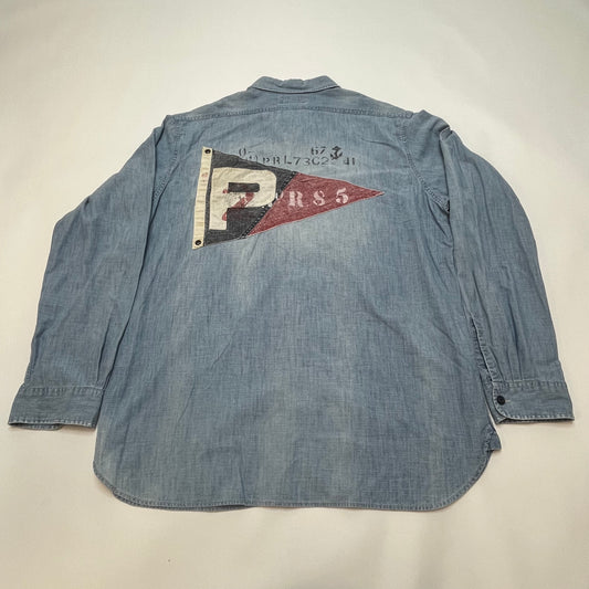 Vintage Polo Ralph Lauren RLYC Yacht Club Flag Men's Denim Chambray Shirt XL