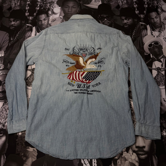 Polo Ralph Lauren Eagle American Flag Embroidered Chambray Button Up Shirt Medium