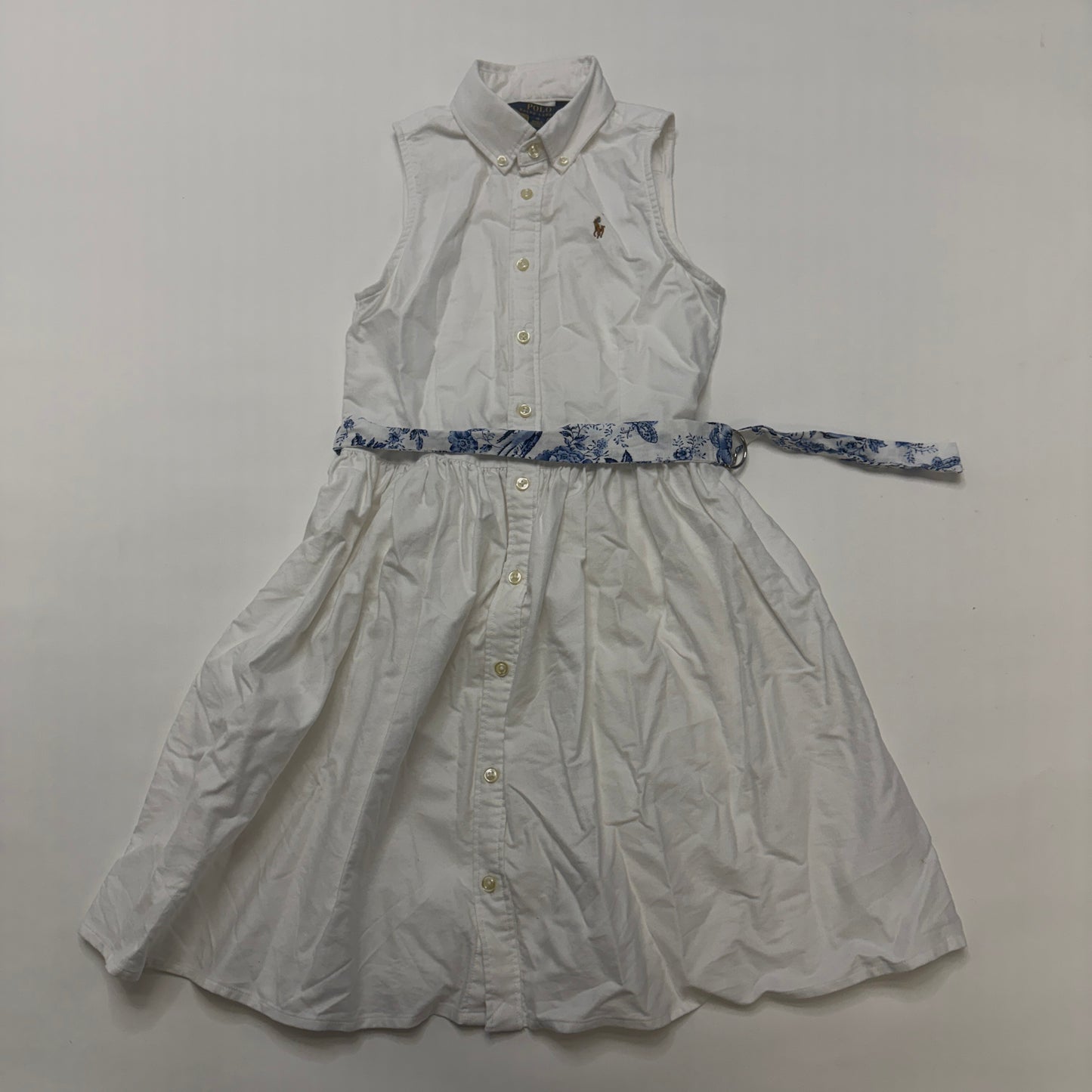 Polo Ralph Lauren Girls White Oxford Shirtdress, Sleeveless Belted Dress, Size 12