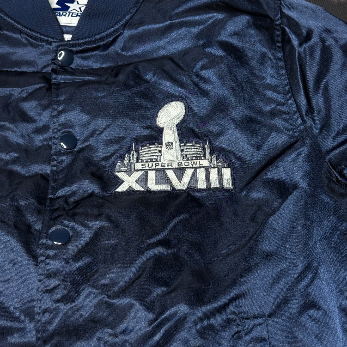 Rare 2013 Super Bowl XLVIII Bomber Jacket Broncos Seahawks Starter Manning sz XL