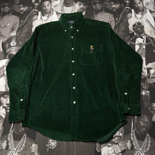 Vintage 90's Corduroy Blaire Cotton Polo Bear Button Up Shirt M Green