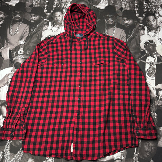Rare Vintage 90's Polo Ralph Lauren Hooded Flannel Button Up Shirt XL