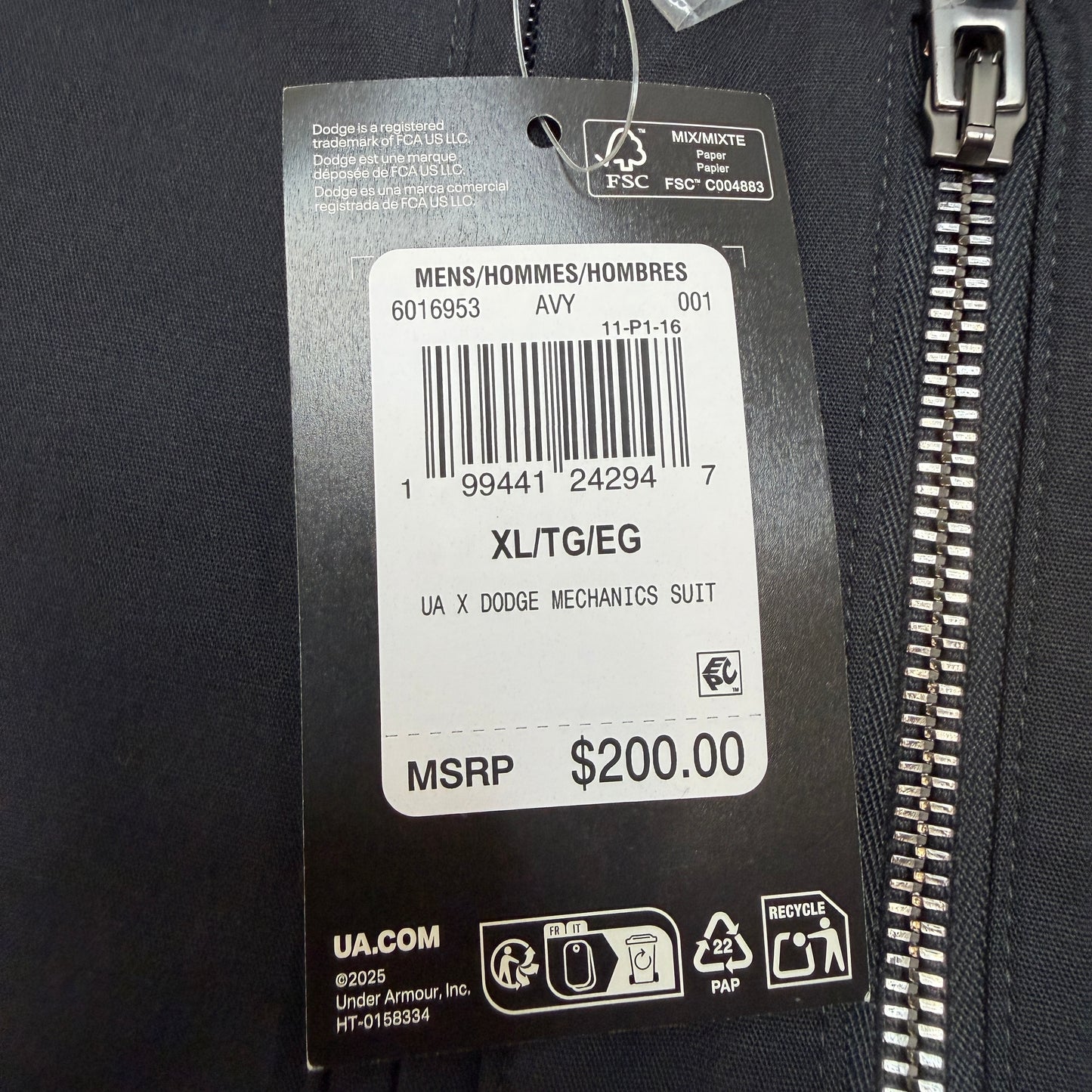 RARE Under Armour Dodge SRT Hellcat Mechanics Suit Coverall Men's XL Navy NWT