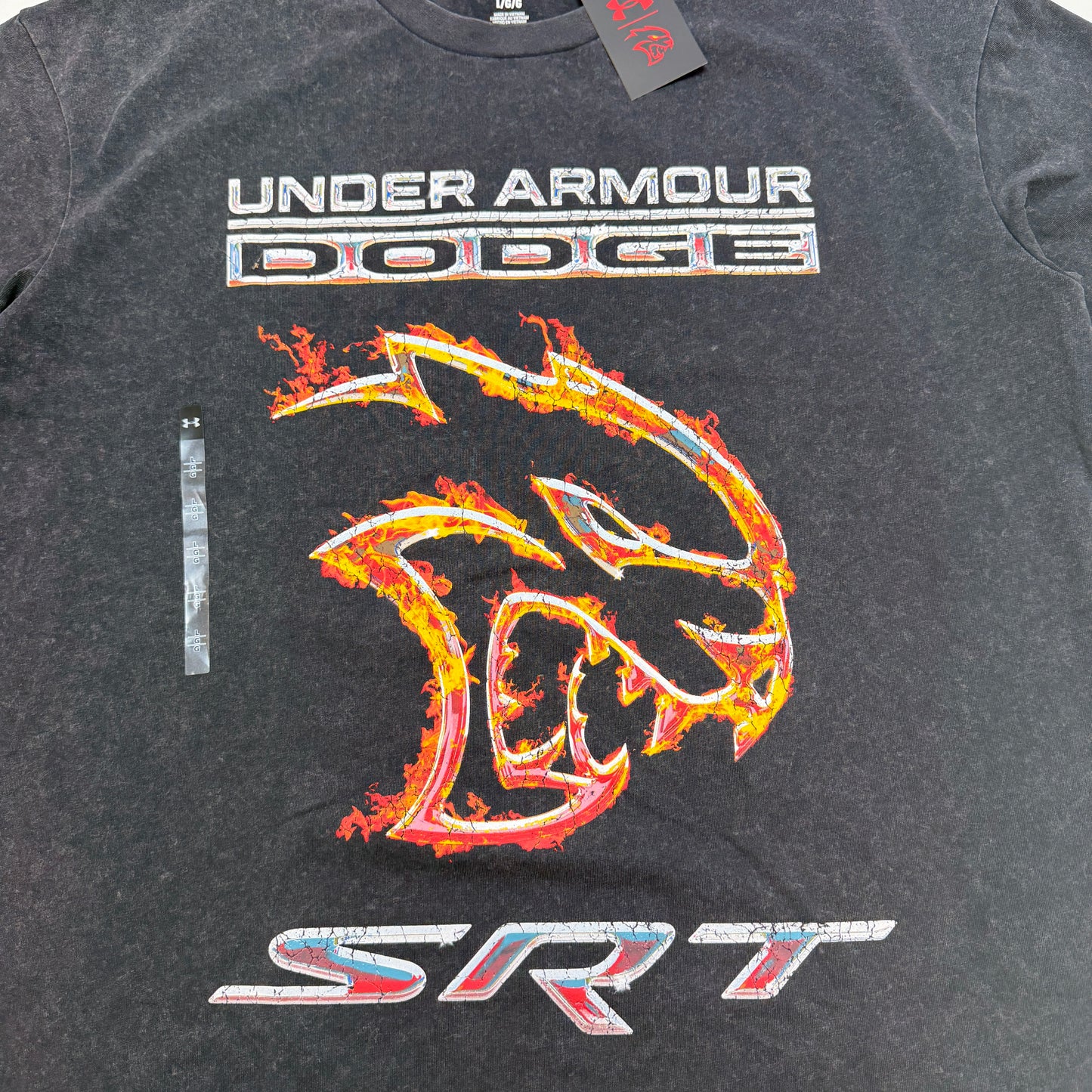 Under Armour x Dodge SRT Hellcat Tee, Men's Large, Washed Black Chrome Flame