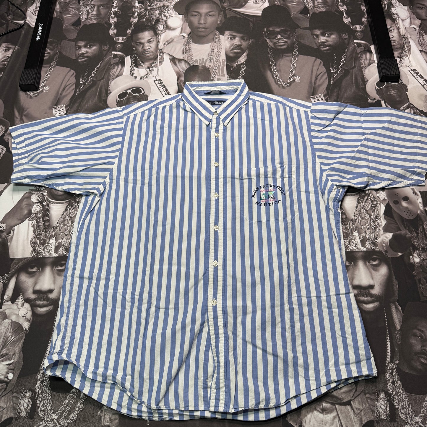 Vintage 90's Nautica Ocean Racing Series Embroidered Pocket Oversized Half Sleeve Button up SZ L