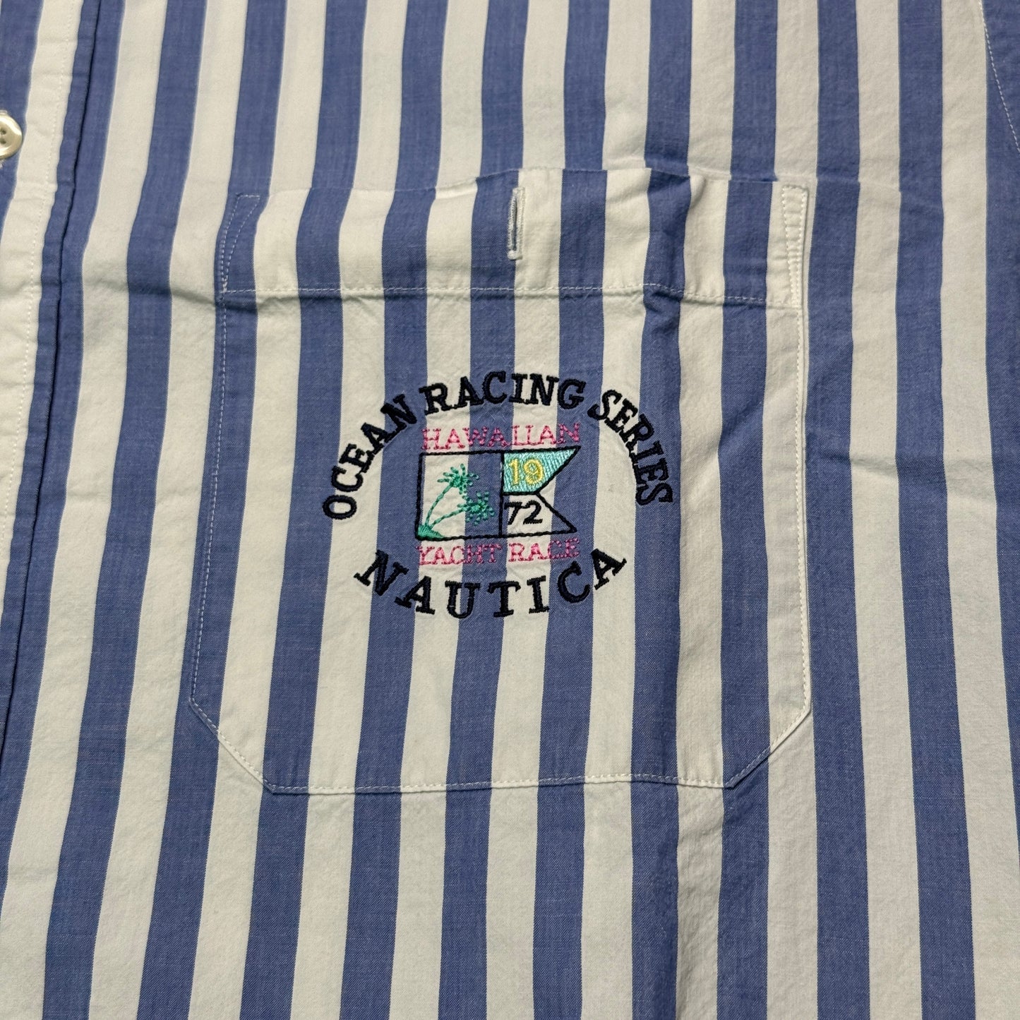 Vintage 90's Nautica Ocean Racing Series Embroidered Pocket Oversized Half Sleeve Button up SZ L