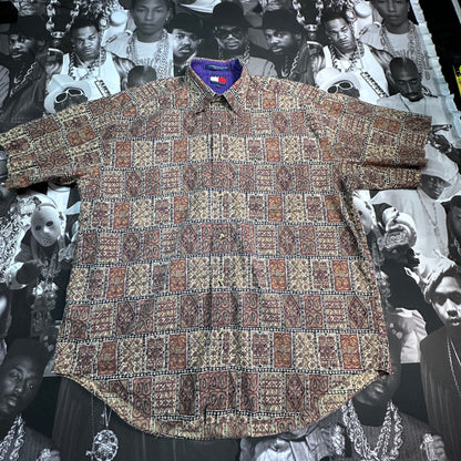 Vintage 90s Tommy Hilfiger All Over Print Half Sleeve Button Up Tee SZ L
