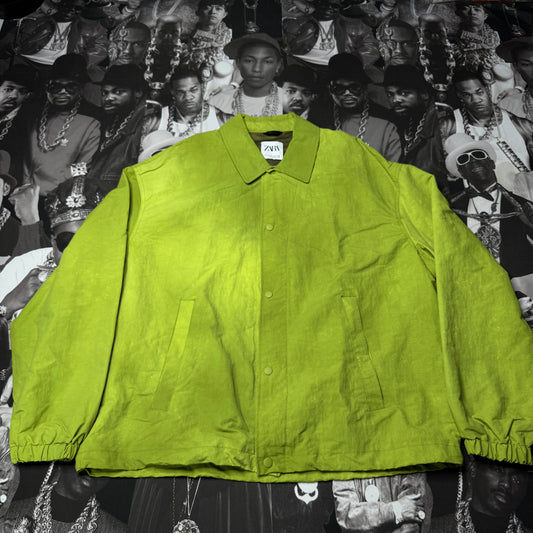 Zara Dnwr Nylon Jacket Mens Size Large Lime Green Button Front Elastic Cuffs sz XL